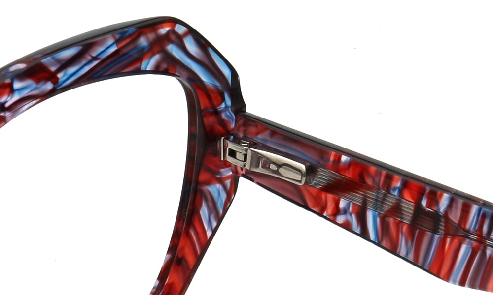 spring hinges of red glasses frames