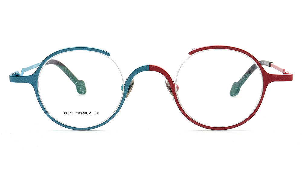 half rim round eyeglass frames blue red