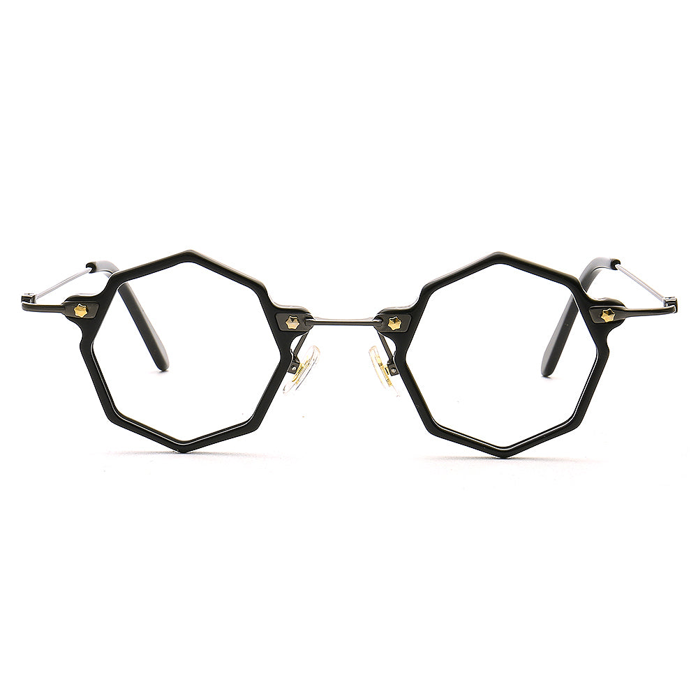 A pair of black geometric eyeglass frames