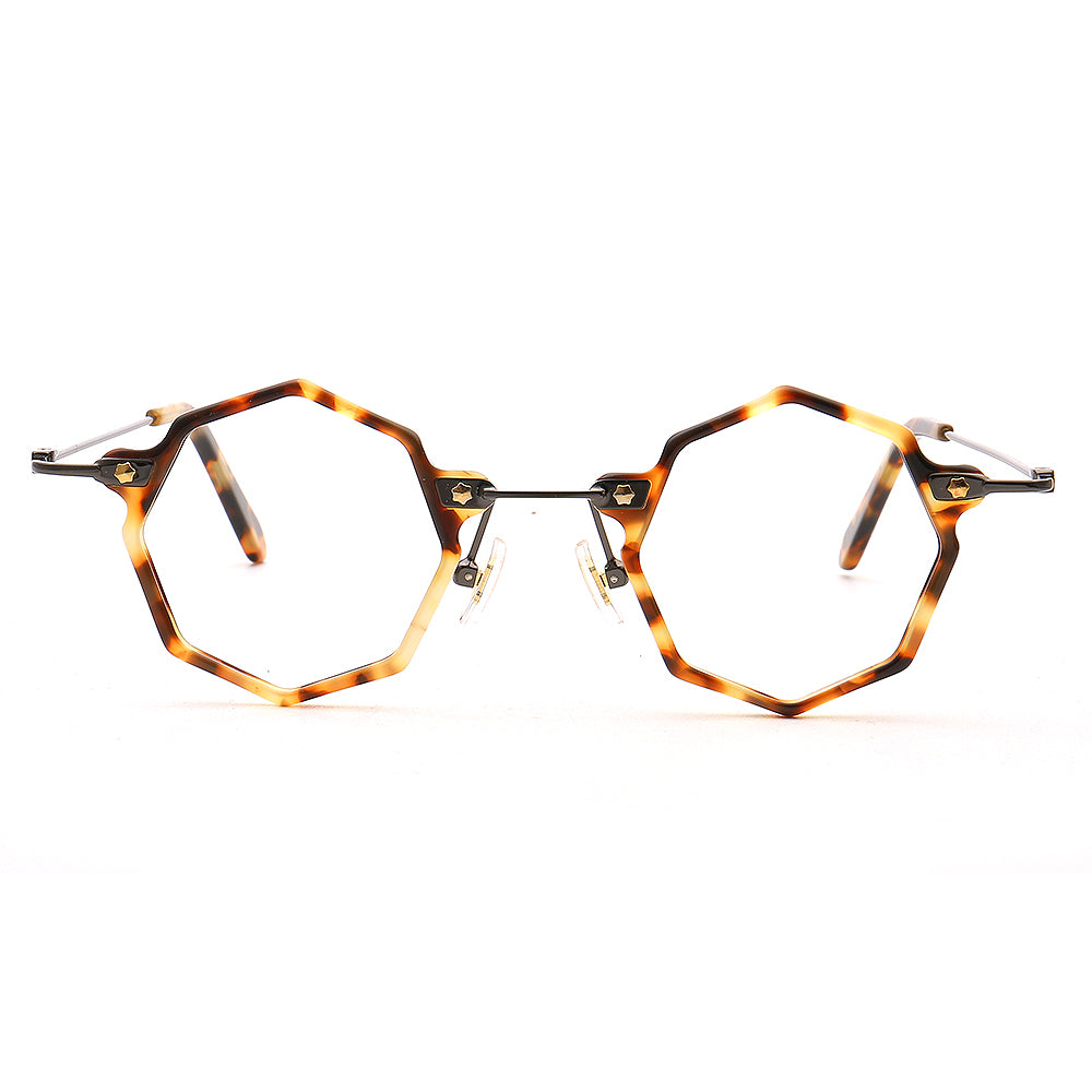 A pair of tortoise shell polygon eyeglasses