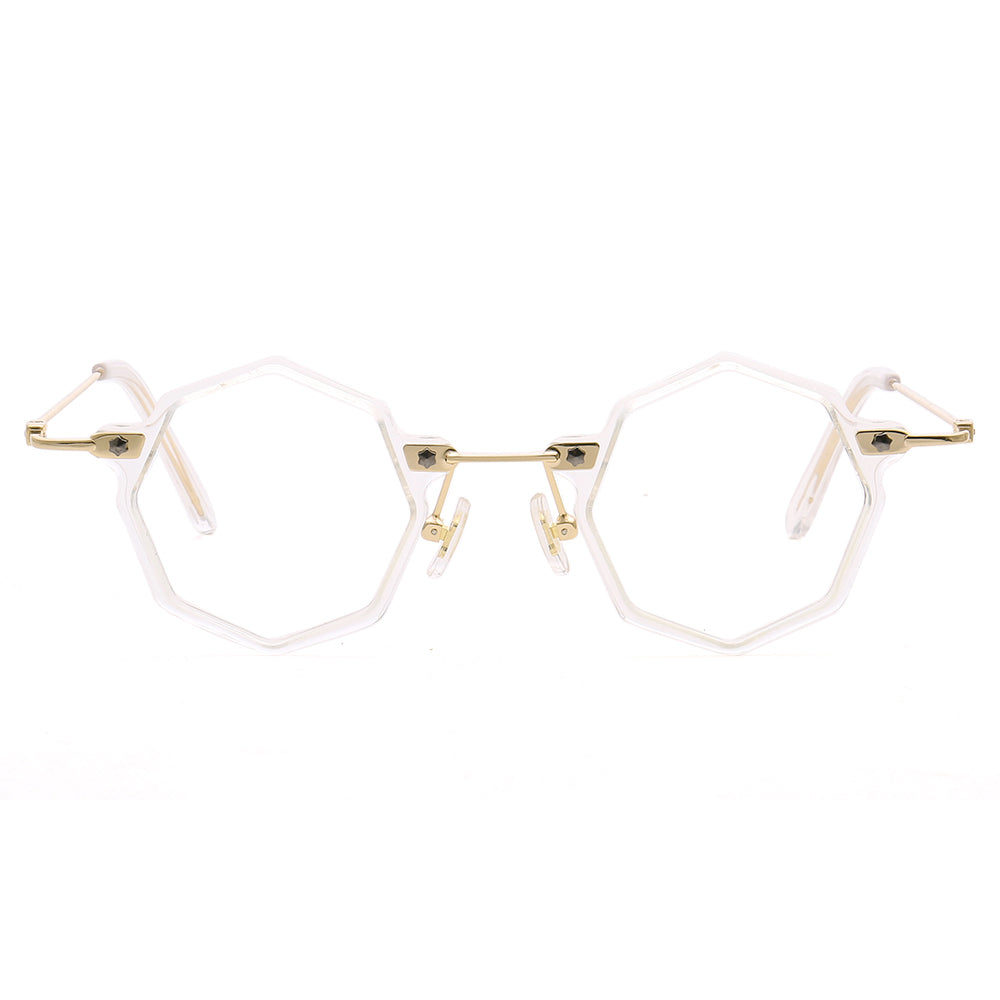 A pair of clear polygon shaped eyeglasses