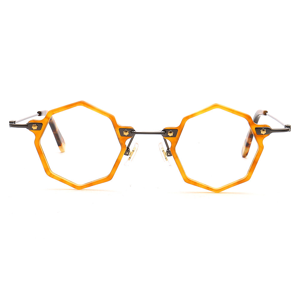 A pair of orange geometric eyeglass frames