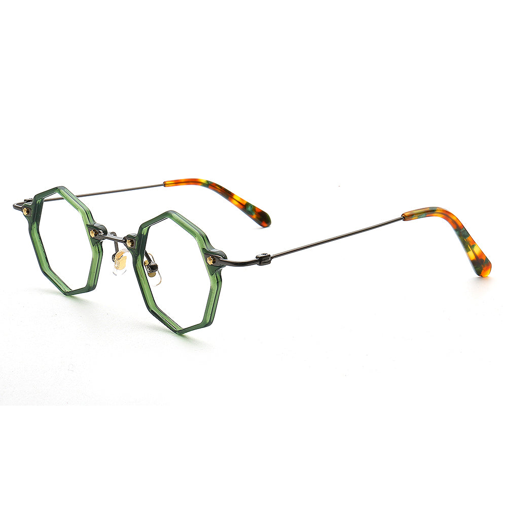 Side view of green polygon shaped eyeglass frames