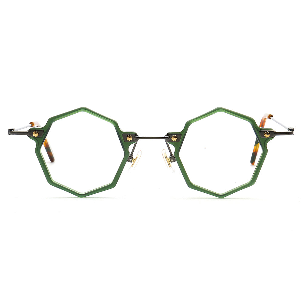 A pair of green polygon shaped eyeglass frames
