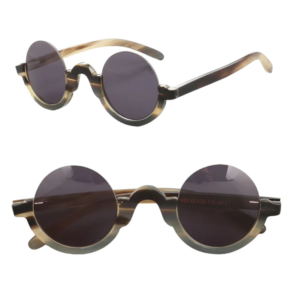 A pair of polarized round buffalo horn sunglasses