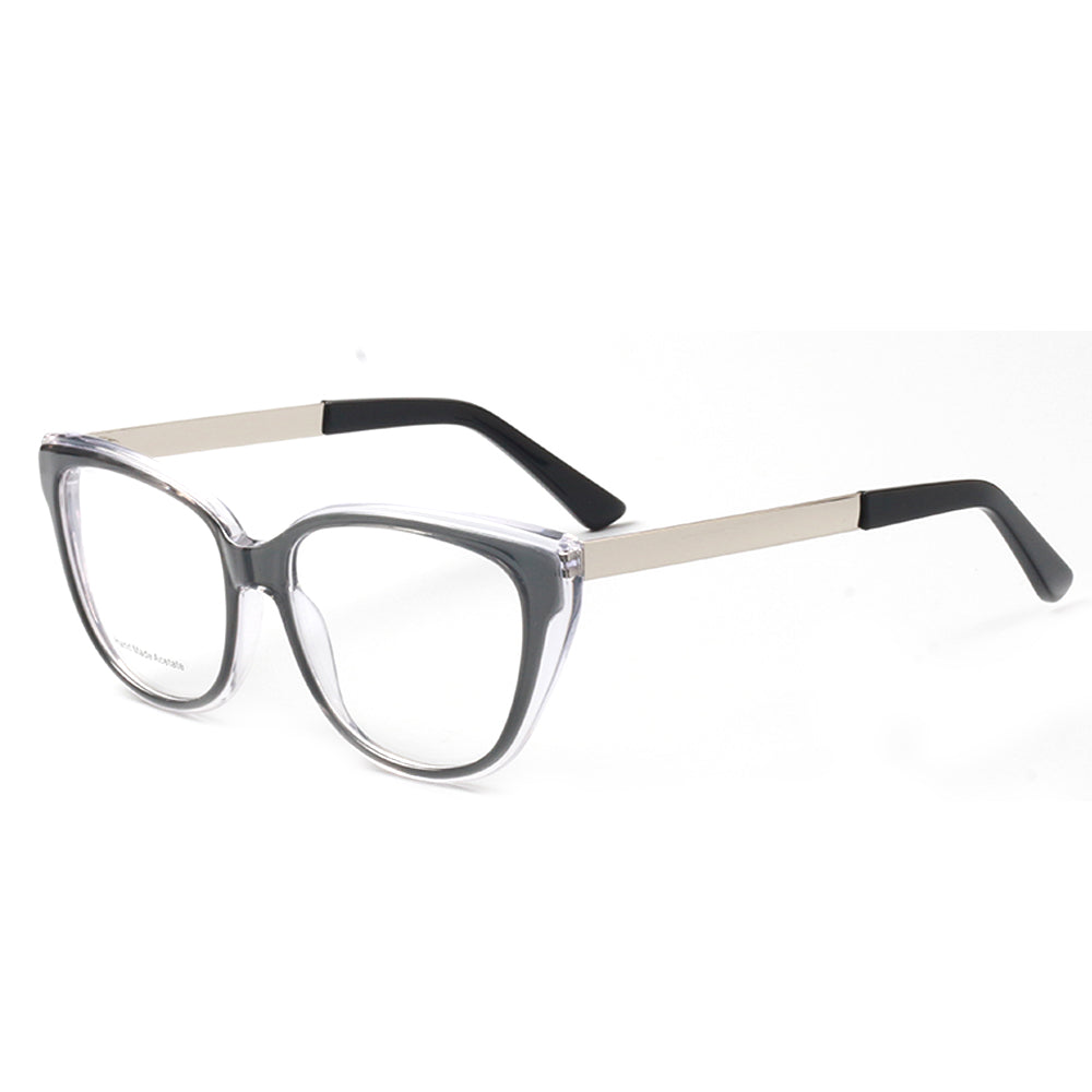 A pair of grey and clear acetate and metal eyeglasses