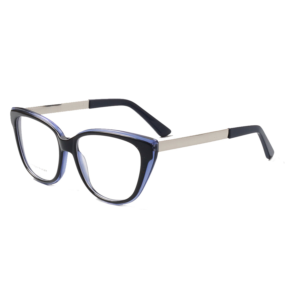 Side view of black and blue full rim cat eye glasses for women