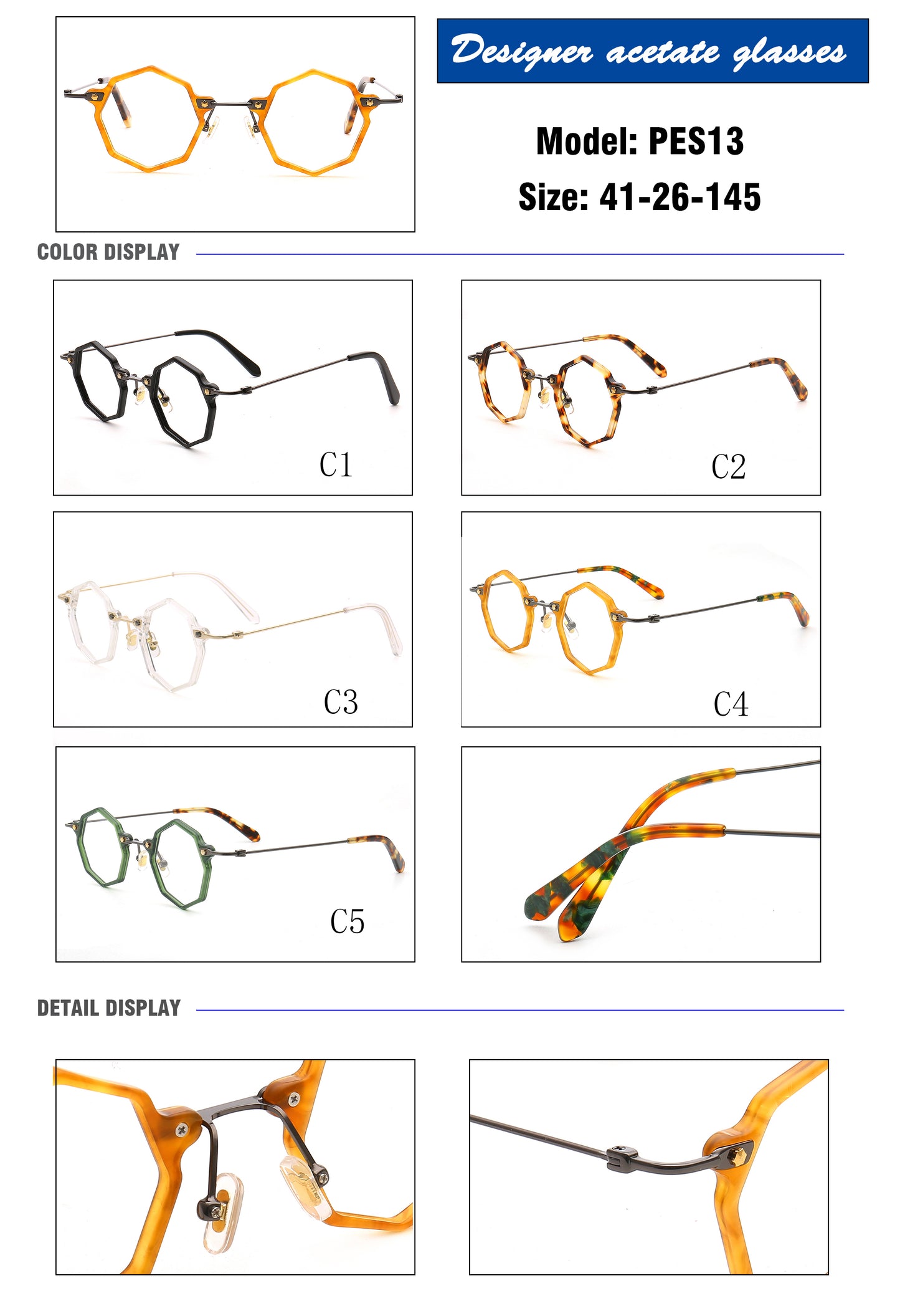 Polygon shaped acetate eyeglass frames