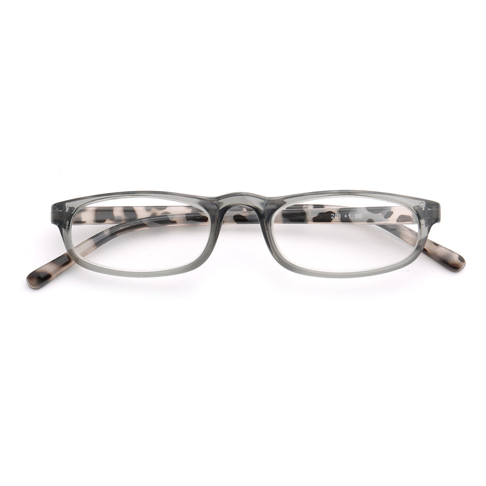 A pair of grey tortoise shell readers