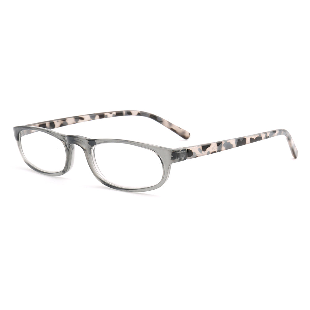 A pair of grey tortoise reading glasses