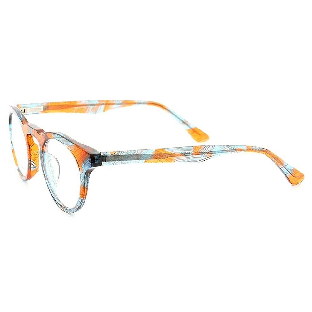 Side view of blue and orange floral eyeglass frames