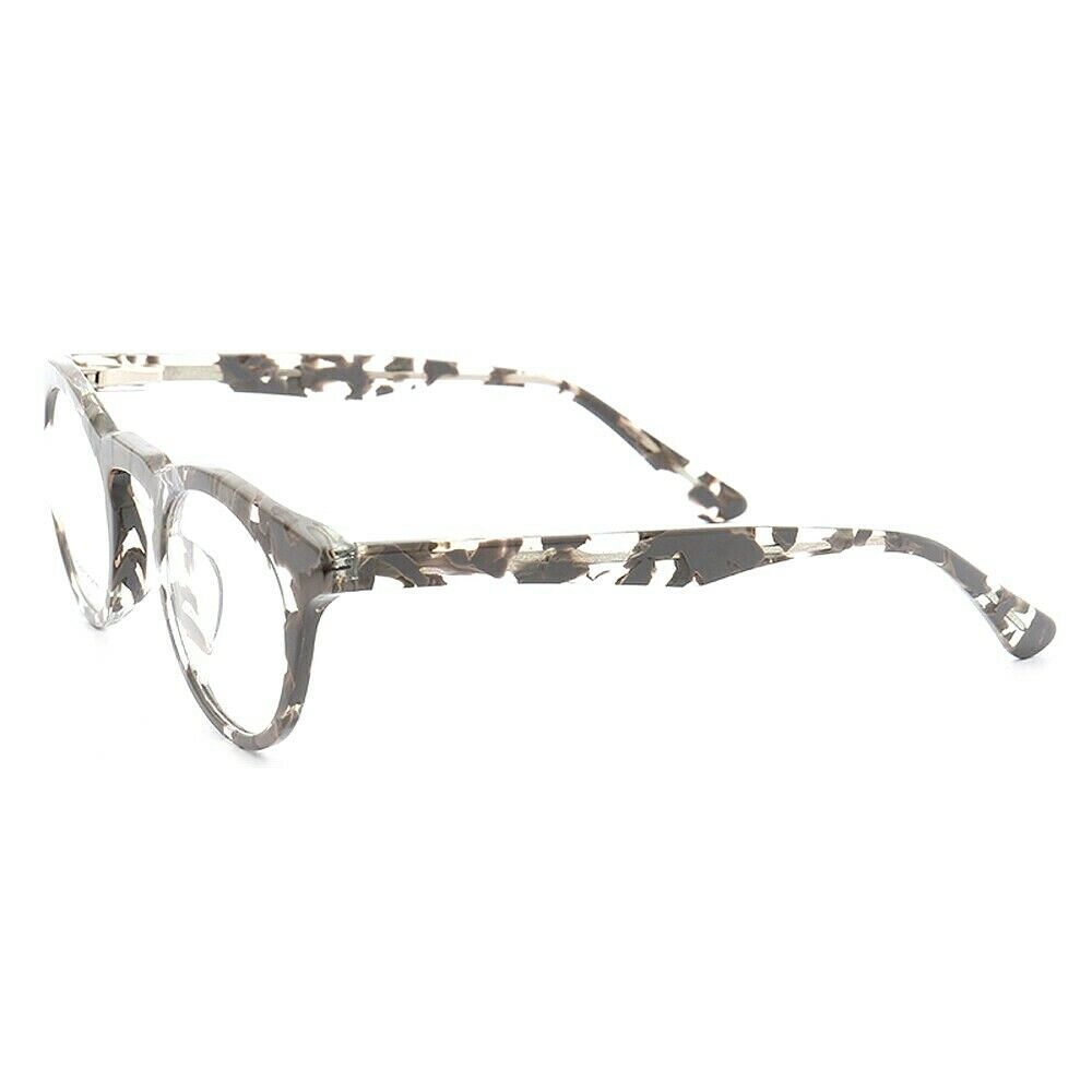 Side view of grey multicolored round eyeglass frames