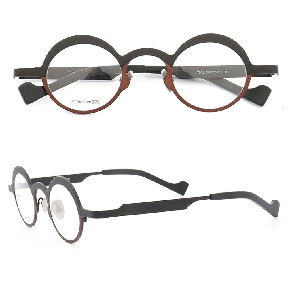 Front and side view of black and brown titanium glasses