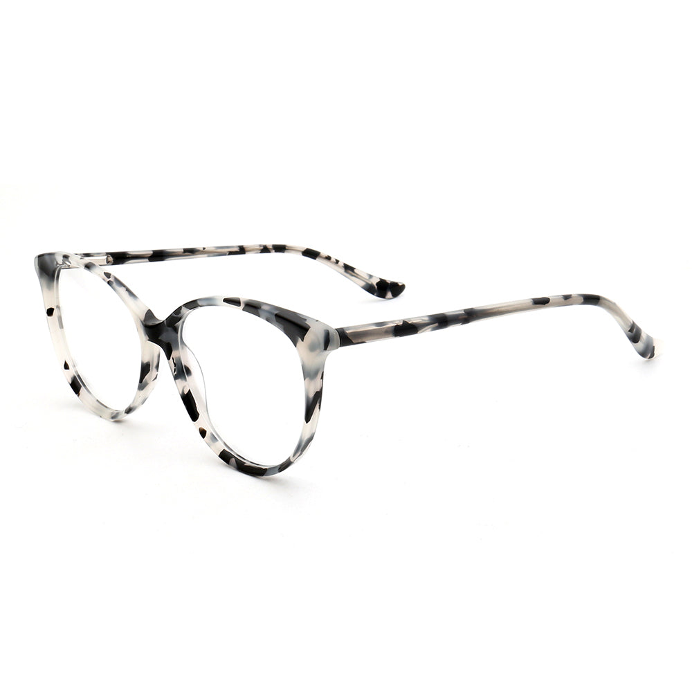 Side view of round tortoise shell patterned eyeglass frames for women