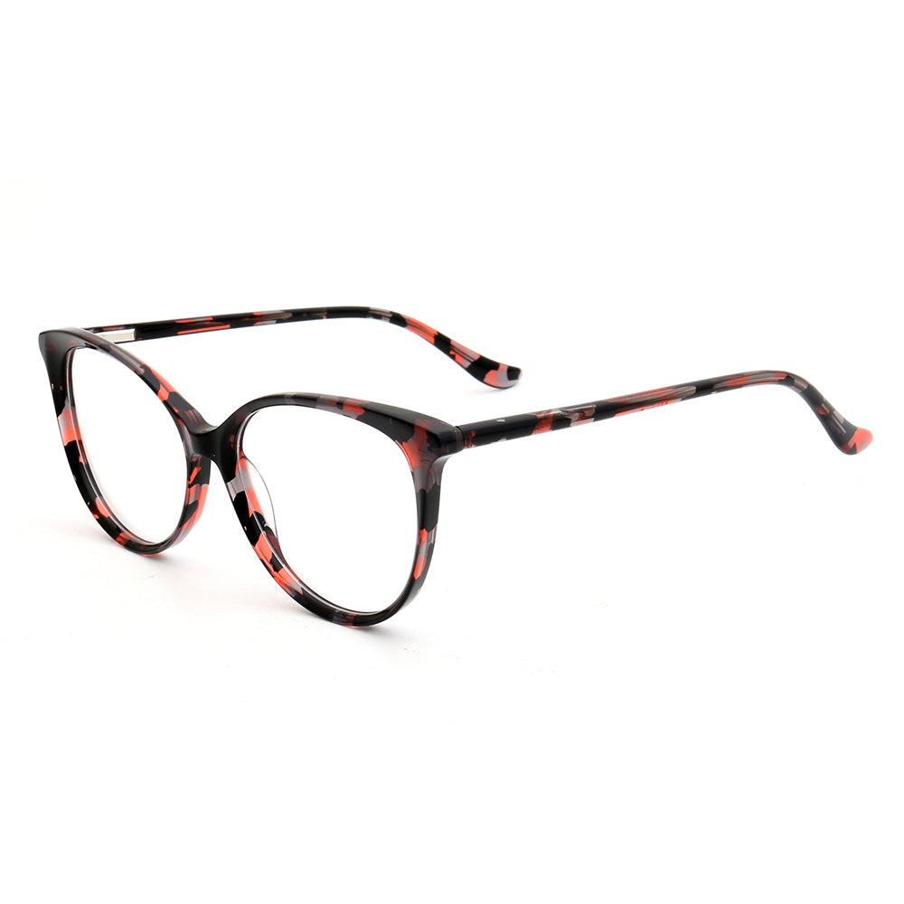 Side view of black and red patterned full rim glasses for women