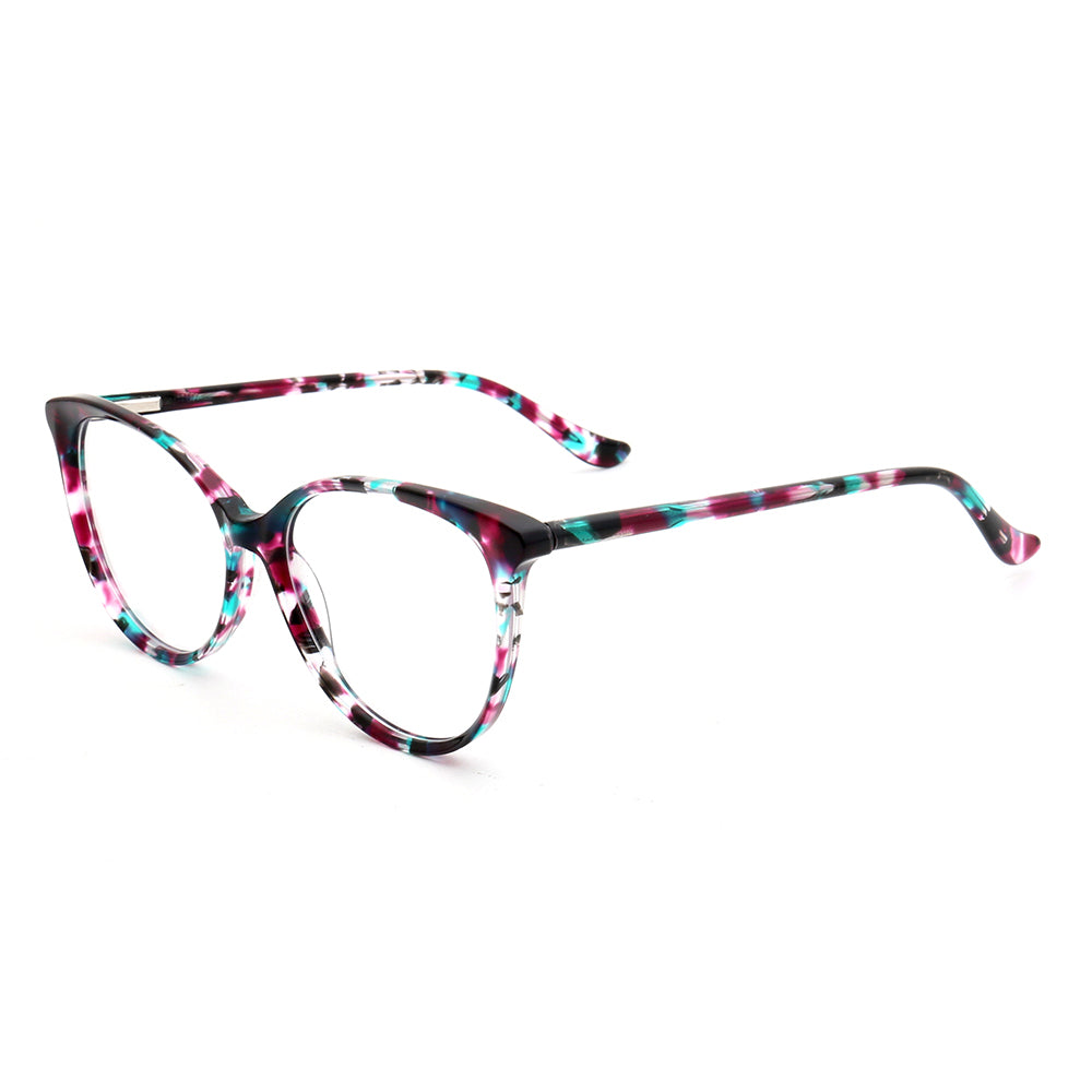 Side view of patterned full rim round glasses for women