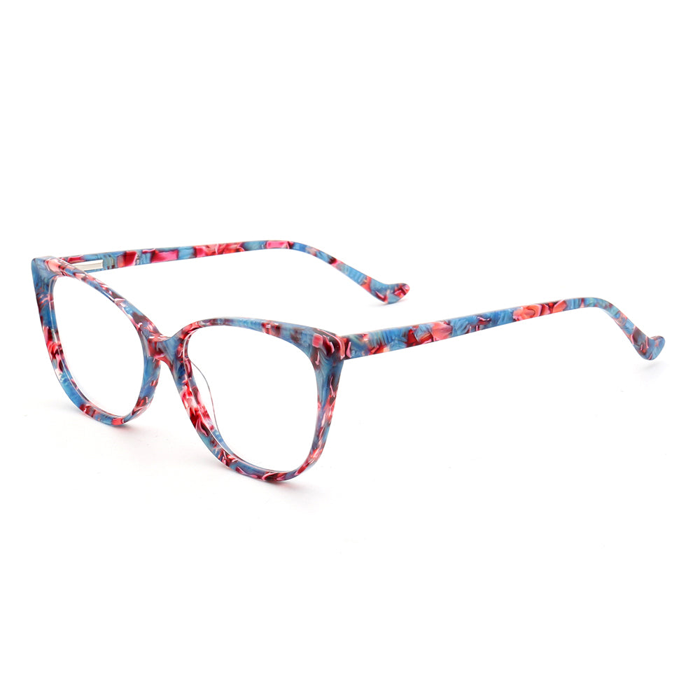 Side view of blue full rim cat eye glasses