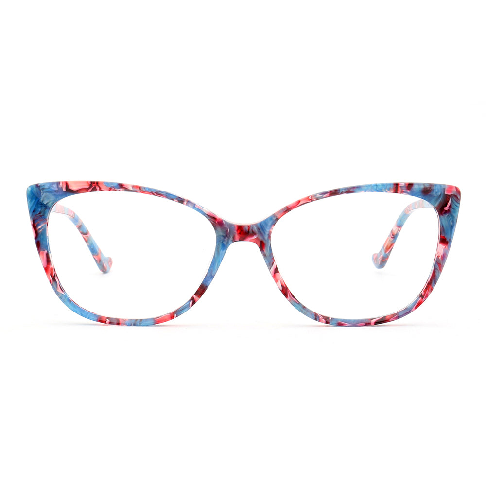 Front view of blue patterned cat eye glasses for women