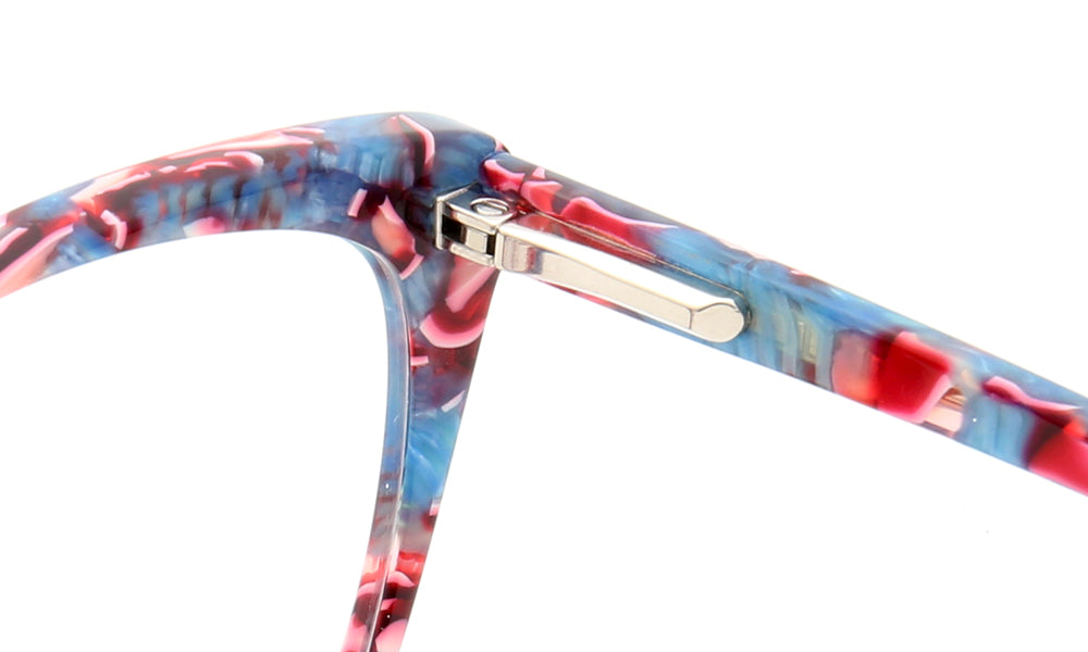 Hinge of blue patterned cat eye eyeglasses