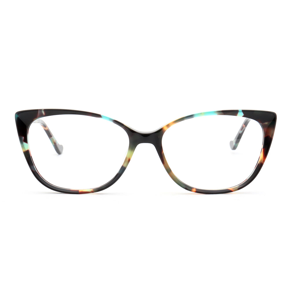 Front view of multicolored full rim cat eye glasses