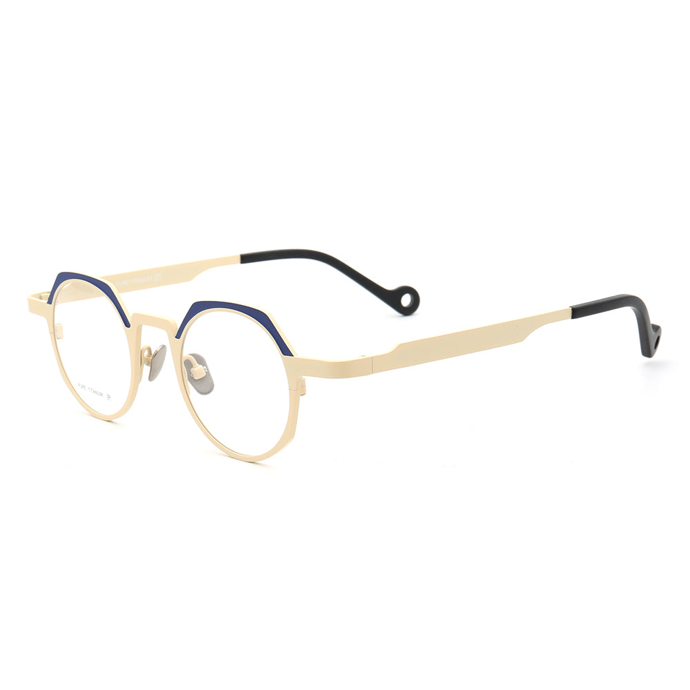 A pair of multicolored retro titanium glasses frames