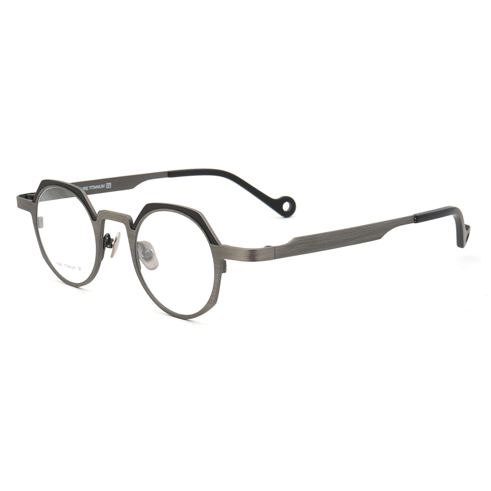 Side view of grey and black round retro titanium glasses