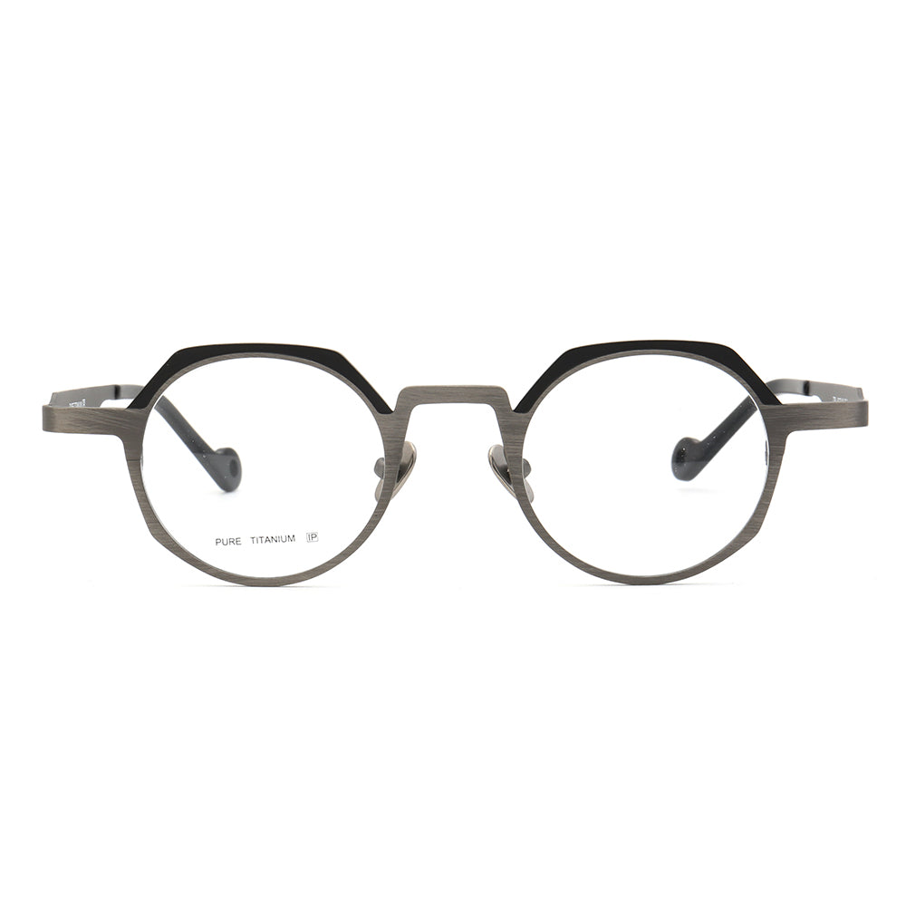 A pair of grey and black retro titanium glasses frames