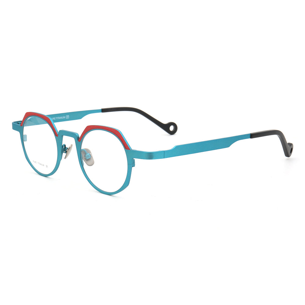 Side view of a pair of blue and red round titanium eyeglasses