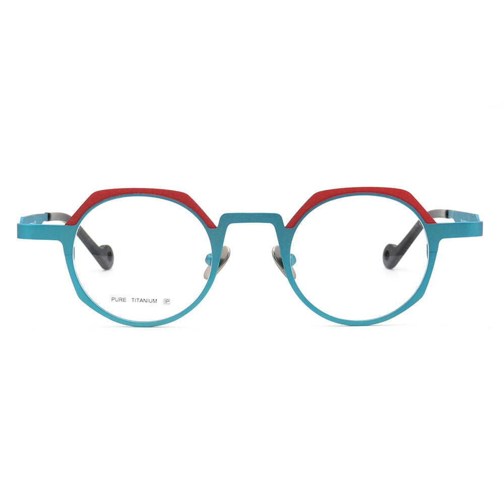 A pair of blue and red round titanium eyeglasses