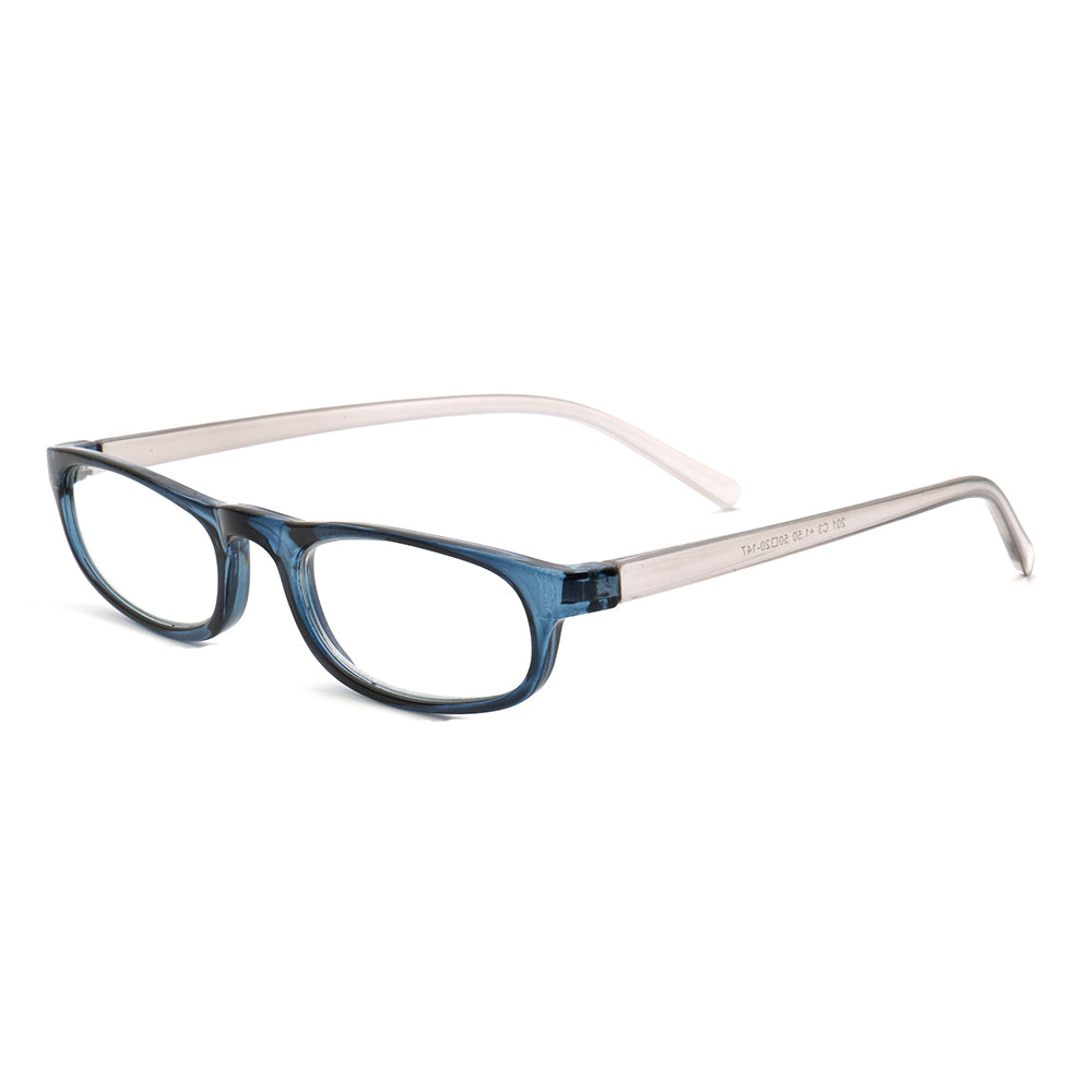 A pair of blue oval reading glasses
