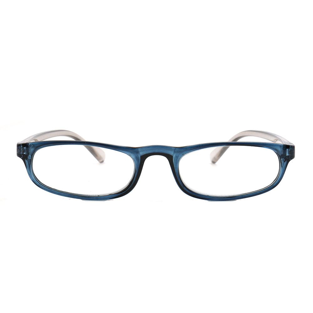 Front view of blue oval reading glasses