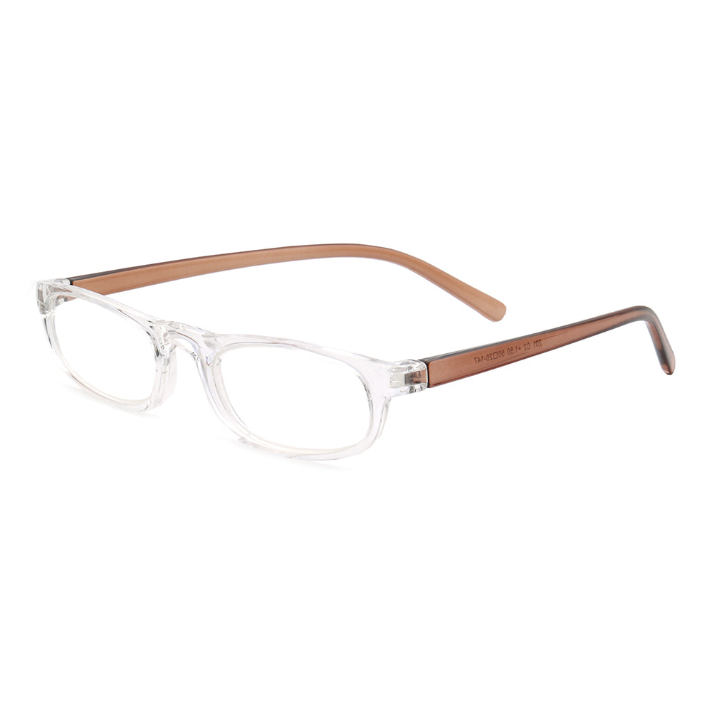 A pair of clear oval reading glasses