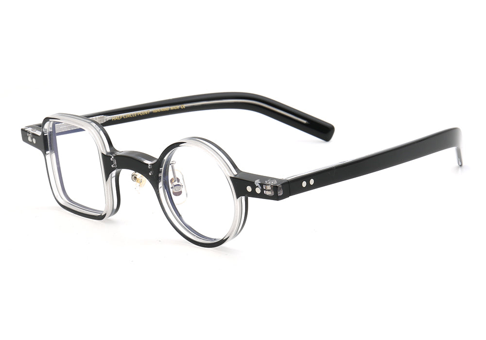 Side view of black mismatch square and clear eyeglasses