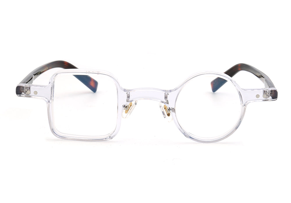 A pair of clear mismatch eyeglasses with tortoise shell temples