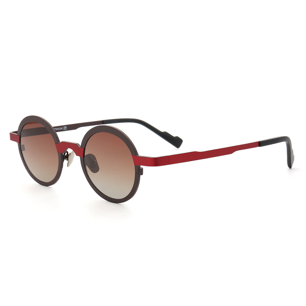 Side view of red and black polarized titanium sunglasses