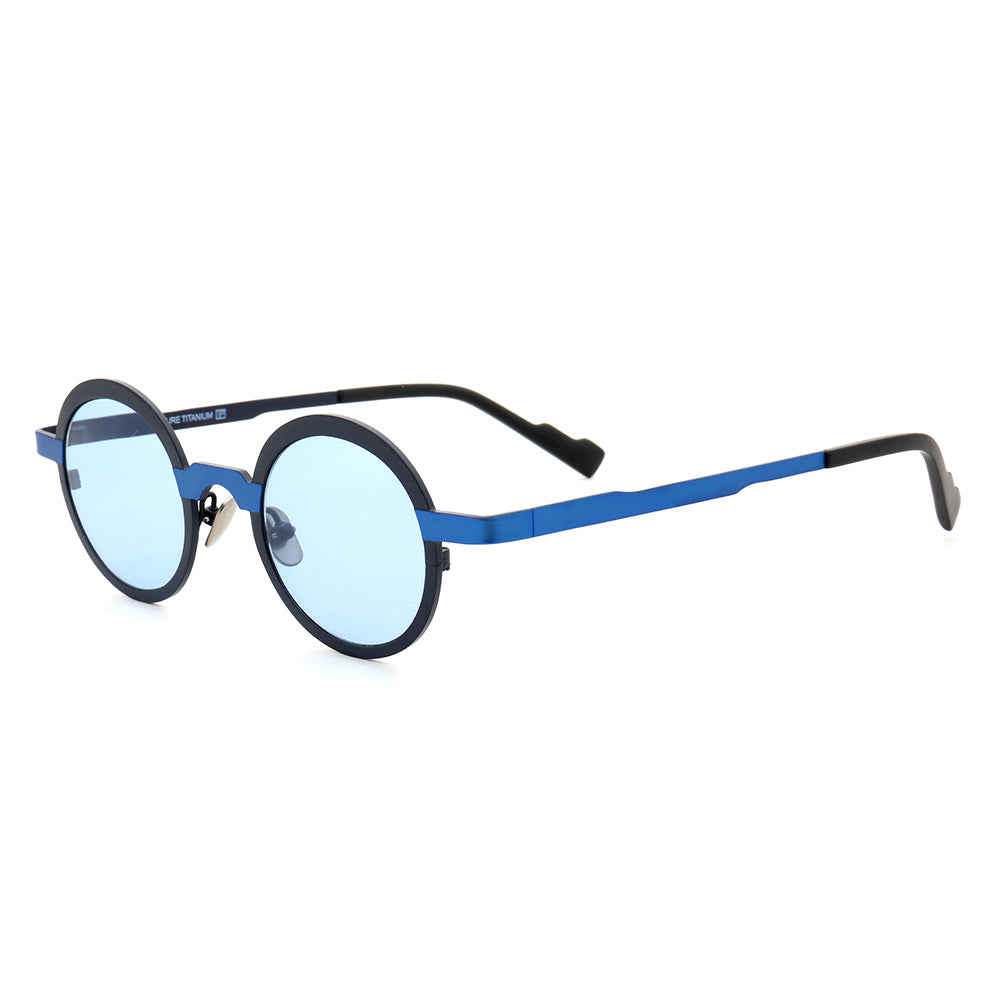 Side view of blue round full rim polarized sunglasses