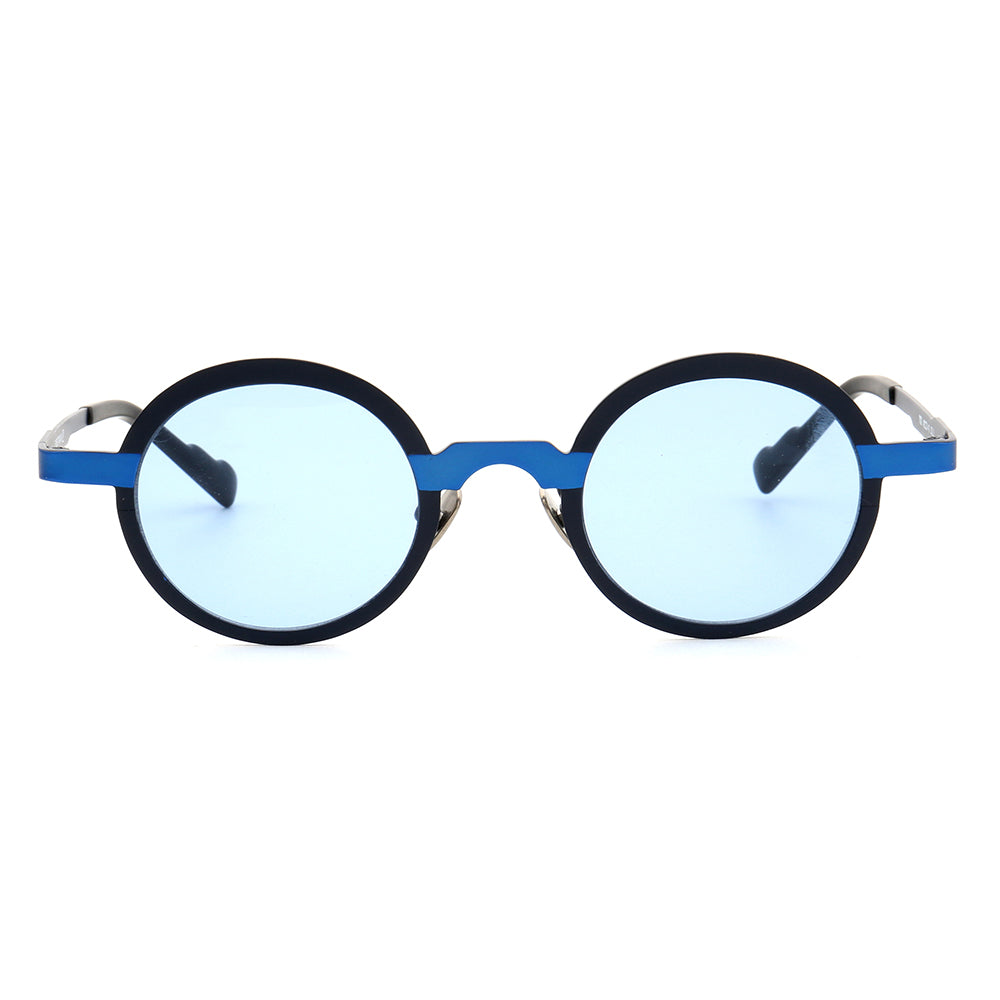 Front view of blue polarized titanium sunglasses