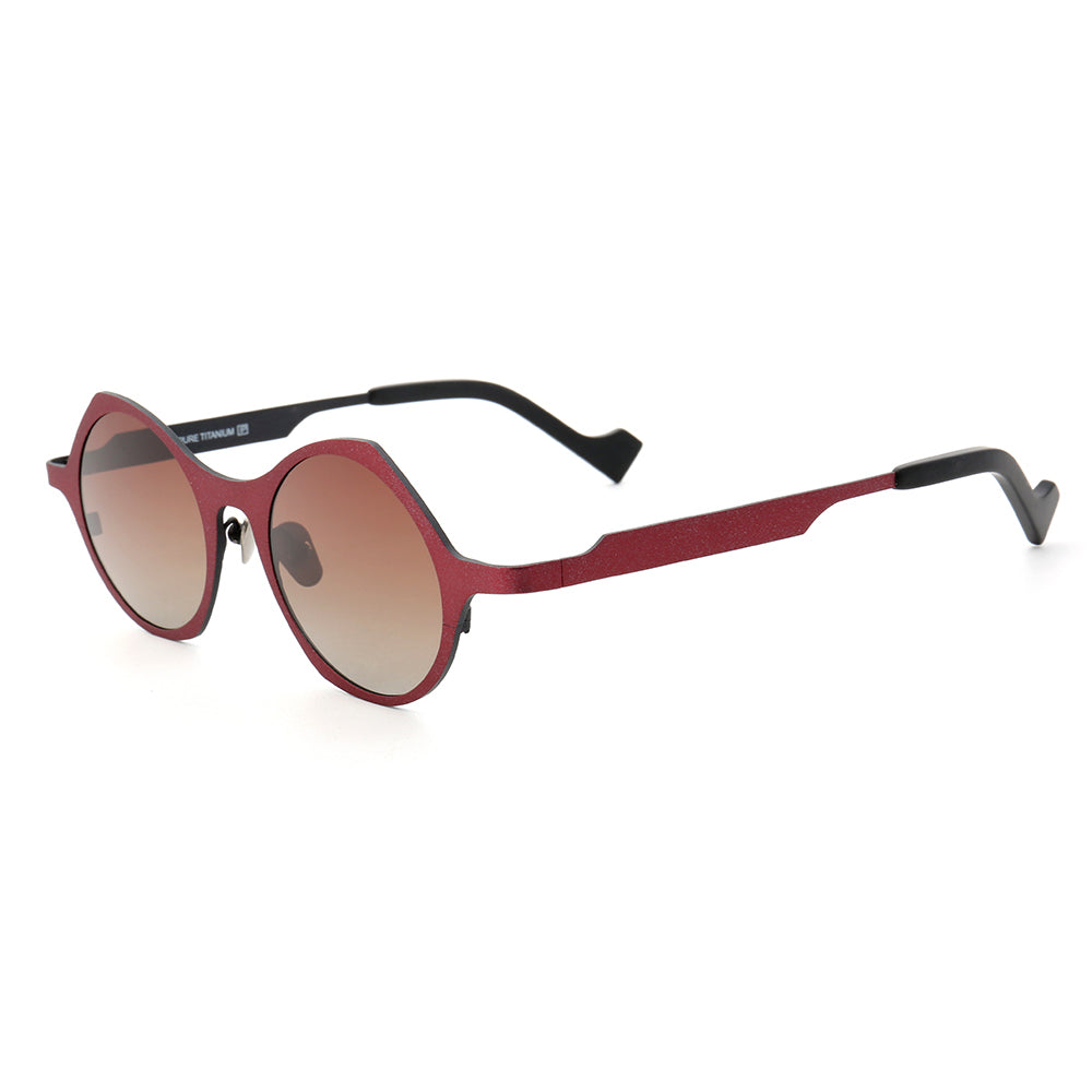 Side view of red round titanium sunglasses