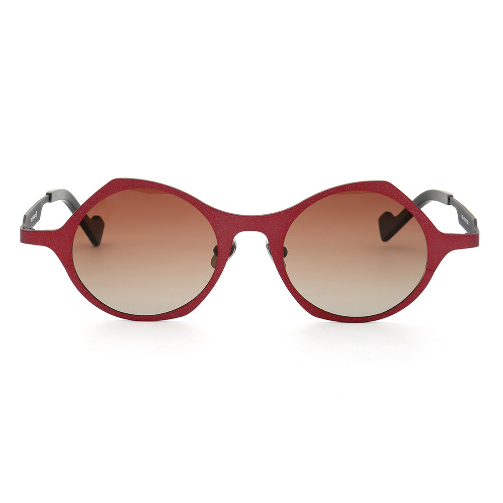 Front view of red round titanium sunglasses