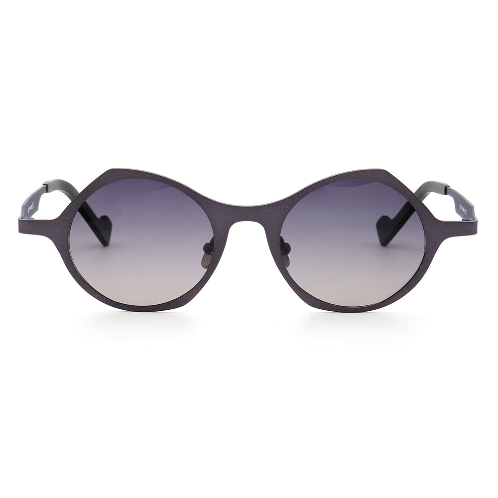 Front view of dark round titanium sunglasses