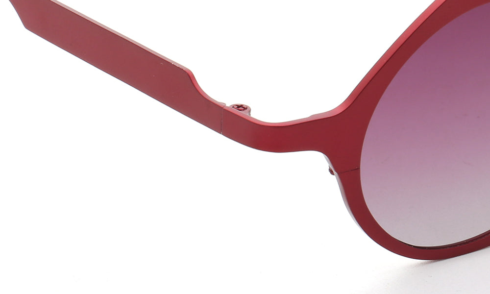 Outer hinge of red round titanium sunglasses