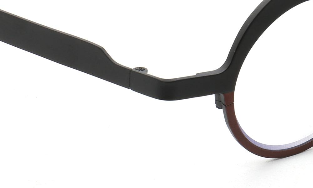 Outer hinge of black and brown titanium glasses