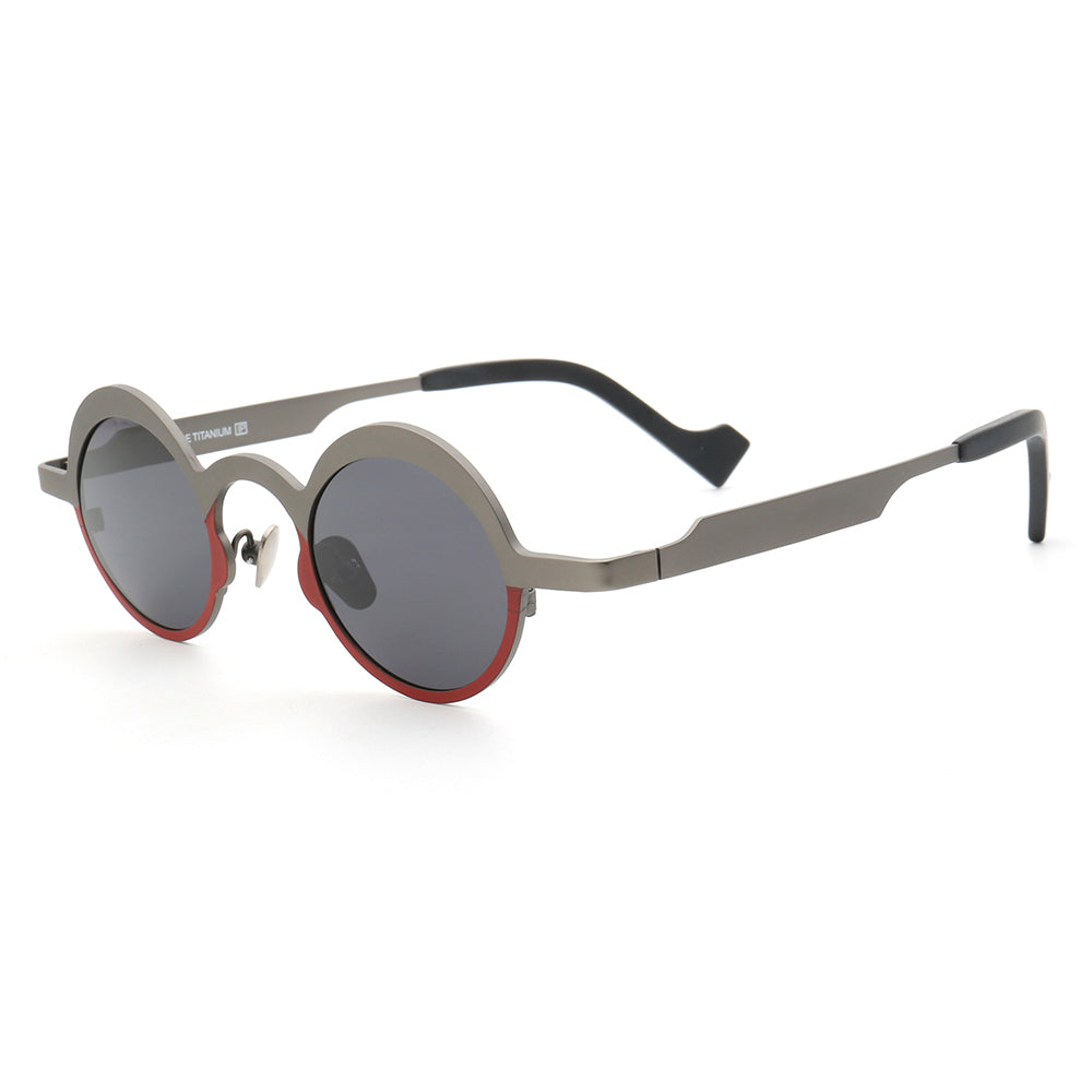 Side view of grey and red titanium sunglasses