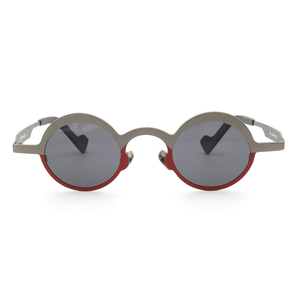 Front view of grey and red polarized sunglasses