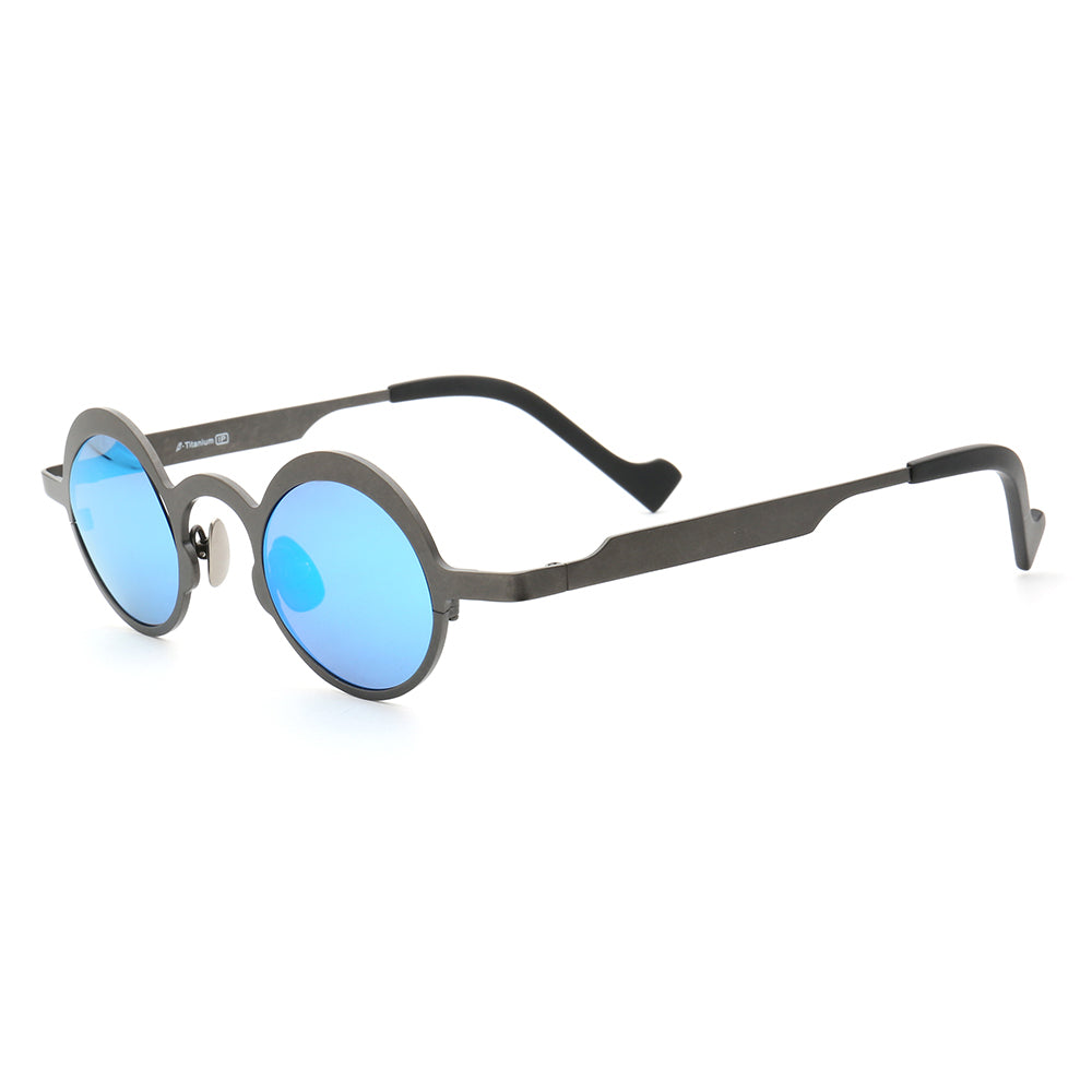 Side view of grey and blue polarized sunglasses