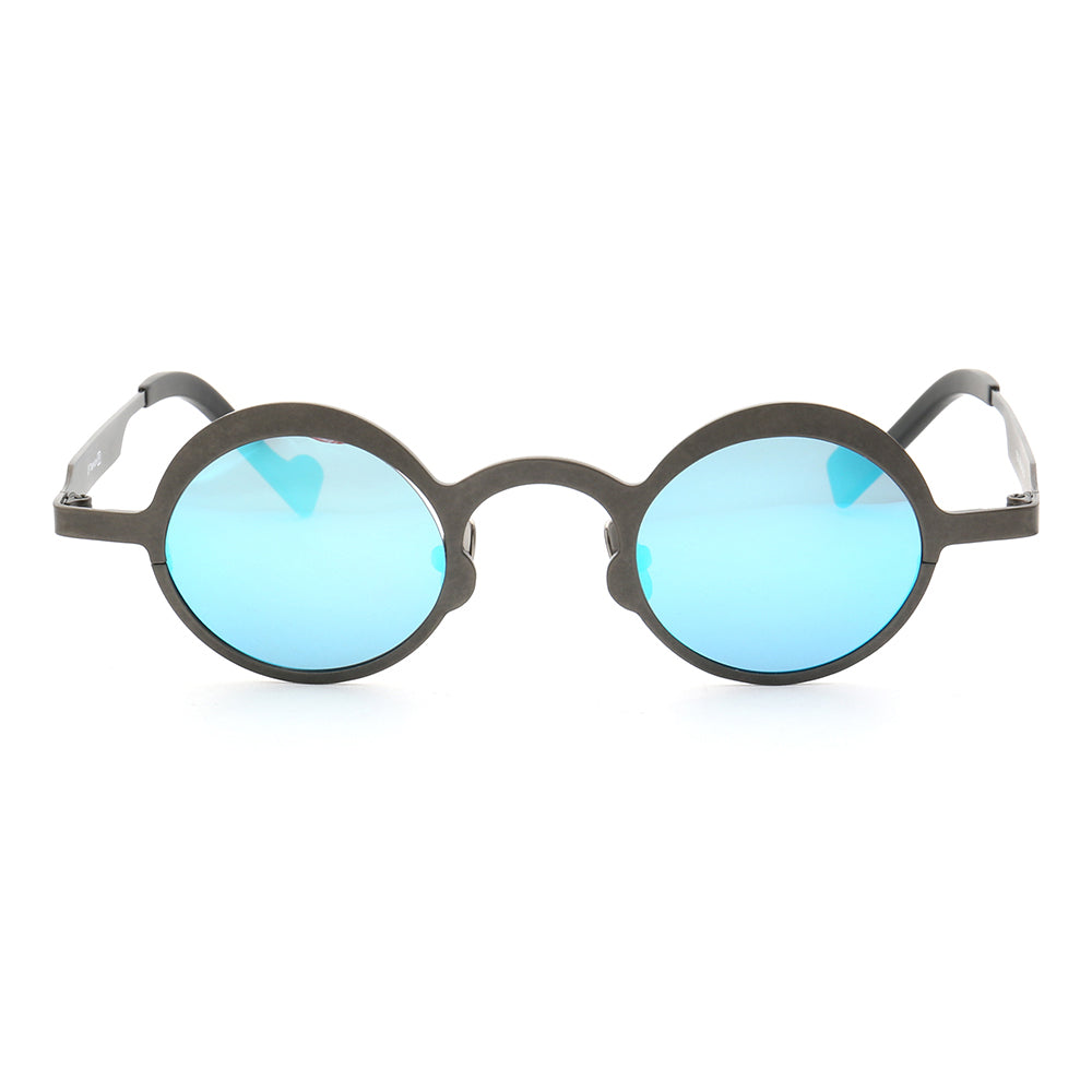 Front view of grey and blue titanium sunglasses
