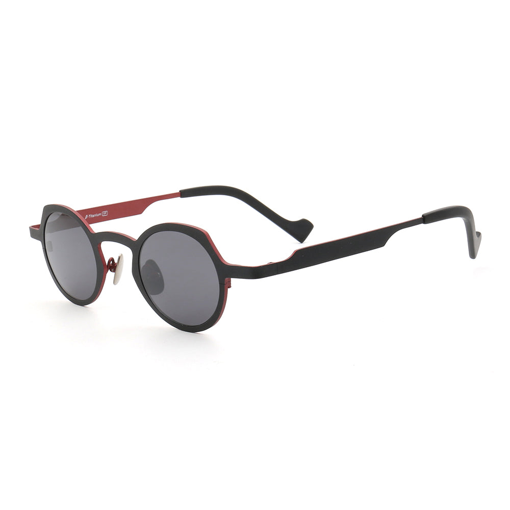 Side view of black and red polarized titanium sunglasses