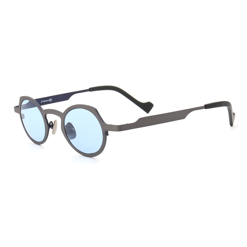 Side view of grey and blue polarized sunglasses