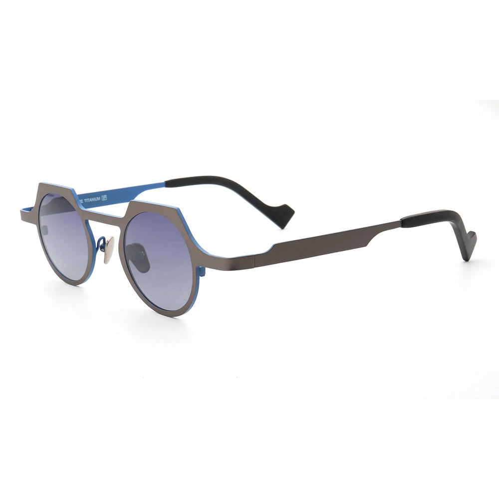 Side view of grey and blue titanium sunglasses