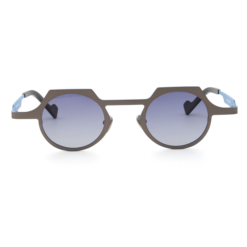 Front view of grey and blue titanium sunglasses